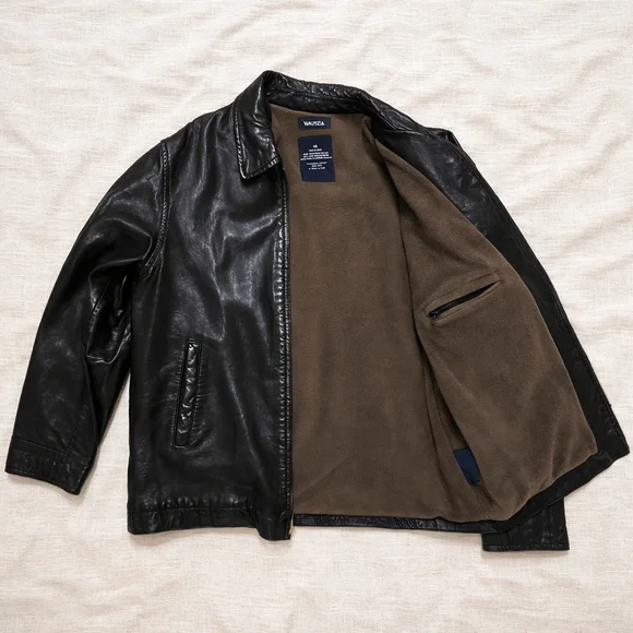 Vintage Y2K NAUTICA Genuine Leather Jacket Mens 44 Black Soft Leather Zip Front - Picture 3 of 8